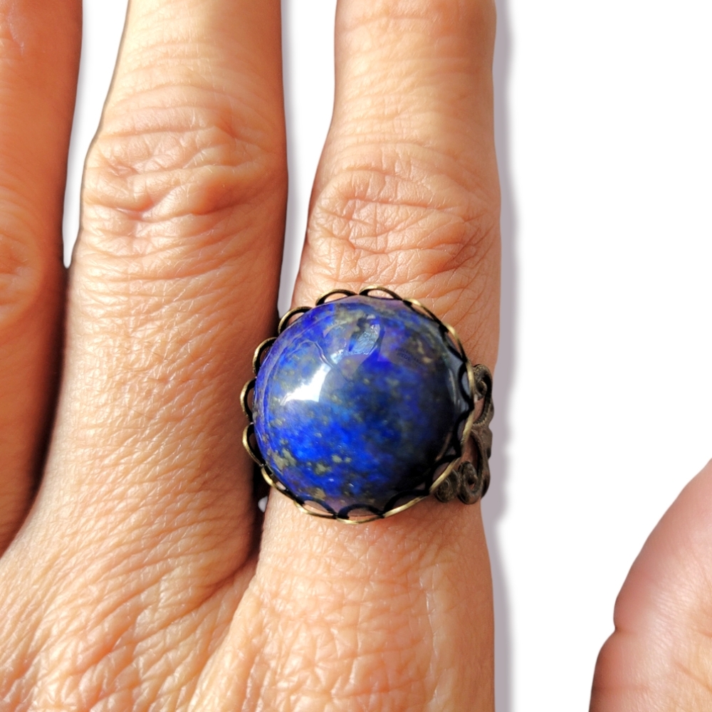 Genuine Lapis Lazuli Semi Precious Natural Stone French Copper Filigree Ring - Picture 4 of 8
